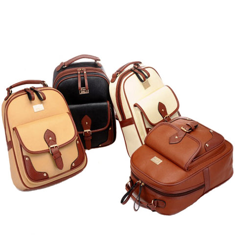 College Style Two Tone Womens Travel Bag Faux Leather Backpack Contrast Straps