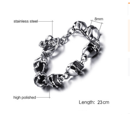 Steam Punk Biker Gothic Style Skull Themed Mens Stainless Steel Silver Bracelet