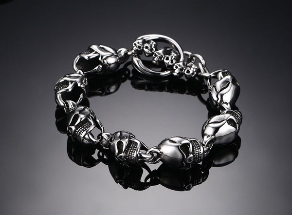 Steam Punk Biker Gothic Style Skull Themed Mens Stainless Steel Silver Bracelet