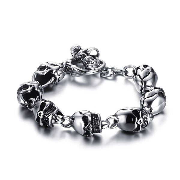 Steam Punk Biker Gothic Style Skull Themed Mens Stainless Steel Silver Bracelet